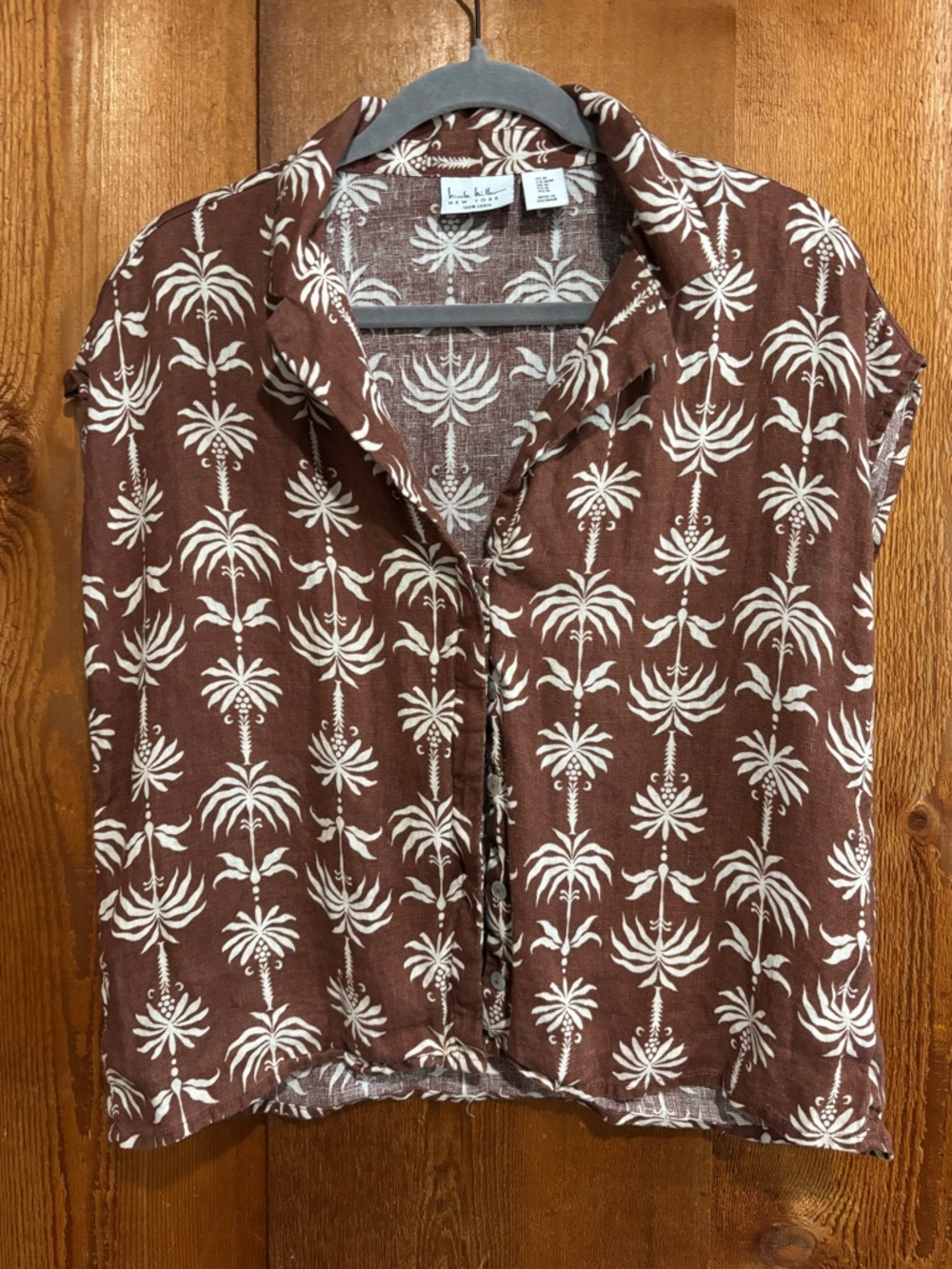Nicole Miller New York 100% Linen Palm Tree Button Down Camp Shirt Brown White M